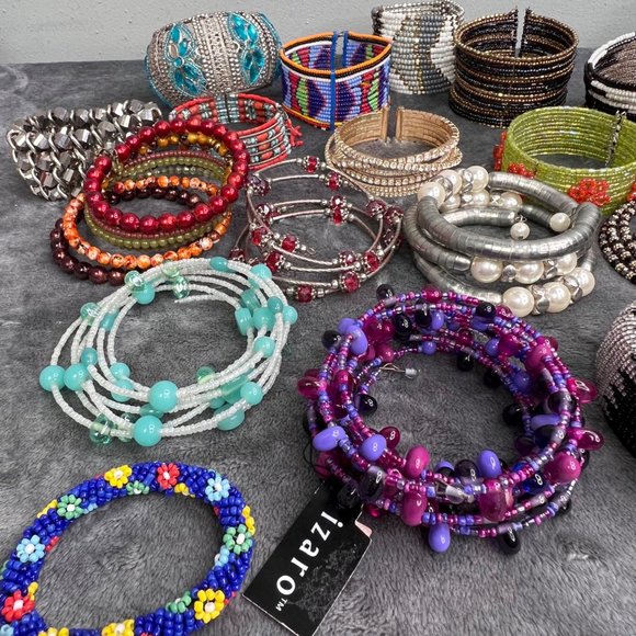 Beaded Bracelet Lot Bangle Cuff Chunky Boho 17 Piece Aztec Rhinestone Stones - Picture 4 of 7